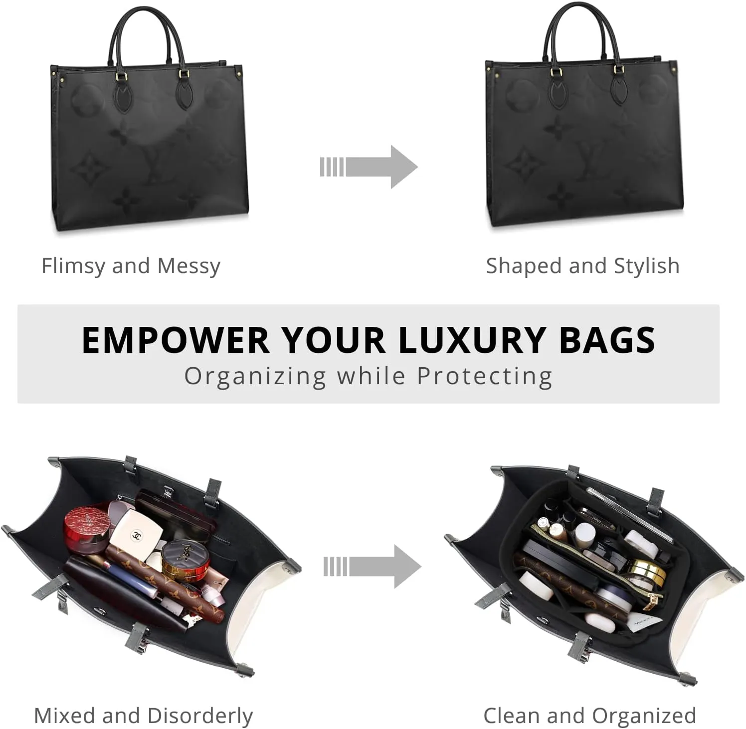 OPPOSHE Purse Organizer Insert for Handbags, Softened Felt Bag Insert Organizer for Tote, Handbag Organizer Compatible with LV, Coach, MK, Kate Spade, Goyard, Longchamp (Black, Medium)