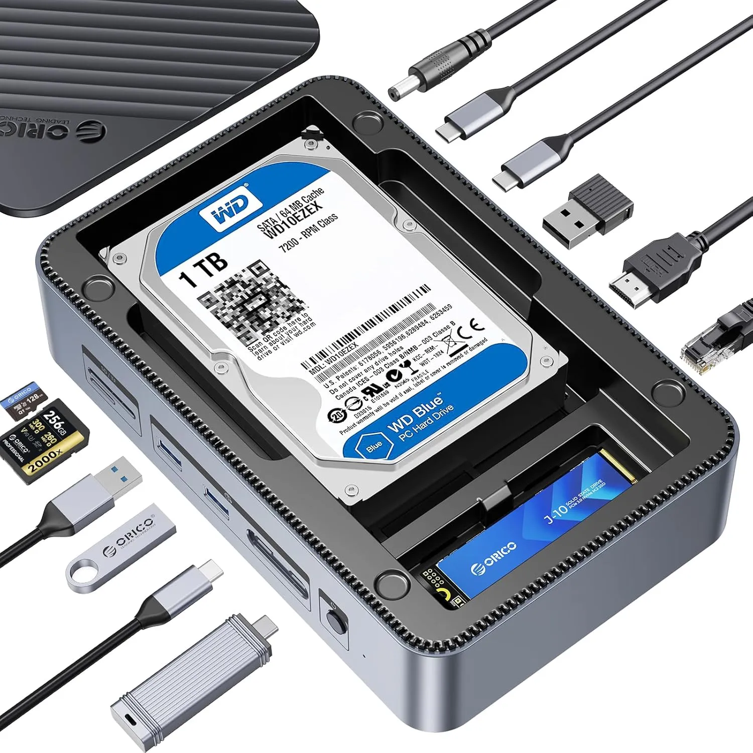 ORICO 12-in-1 Docking Station with Dual Slot SSD Enclosure, Supports M.2 NVMe & SATA SSD, 2.5/3.5" SATA SSD/HDD, 10Gbps, 4K@60Hz HDMI, 100W PD, Card Reader, Ethernet - D35M2