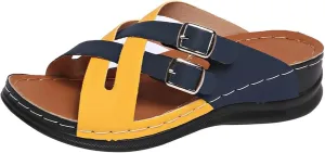 Orthopedic Sandals for Women 2025 Criss Cross Patchwork Color Slippers Low Wedge Casual Sandal Soft Soles Wide Width Open Toe Non Slip Slippers Comfortable All Day Sandals Beach Walking Shoes