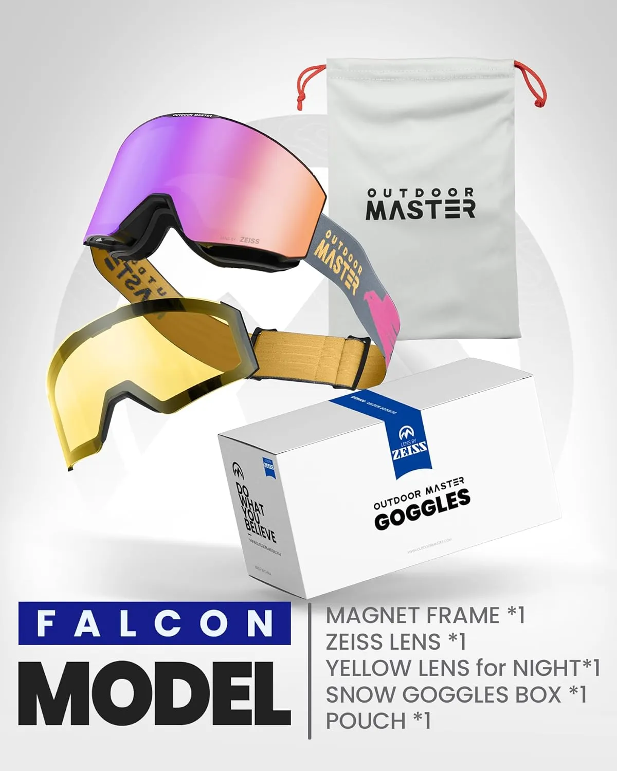 OutdoorMaster Falcon Ski Goggles Lens by ZEISS, OTG Snowboard Goggles Anti-fog, Magnetic Interchangeable Lens, Snow Goggles