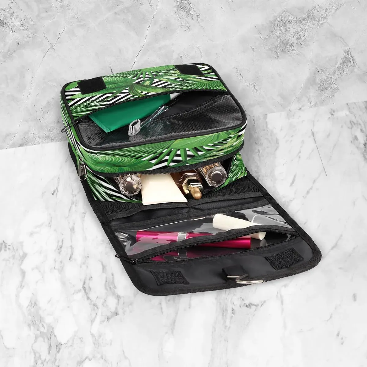 Palm Leaves Stripe Hanging Toiletry Bag Waterproof Makeup Cosmetic Bag Travel Bag Organizer for Accessories Shampoo Full Sized Container Travel-Essentials Toiletry Bag