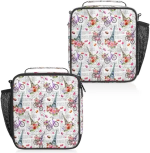 Paris Eiffel Tower Bicycle Flower Insulated Lunch Bag Reusable Waterproofing Lunch Box with Shoulder Strap Handle and Water Bottle Net Bag for Travel Camping Beach Picnic