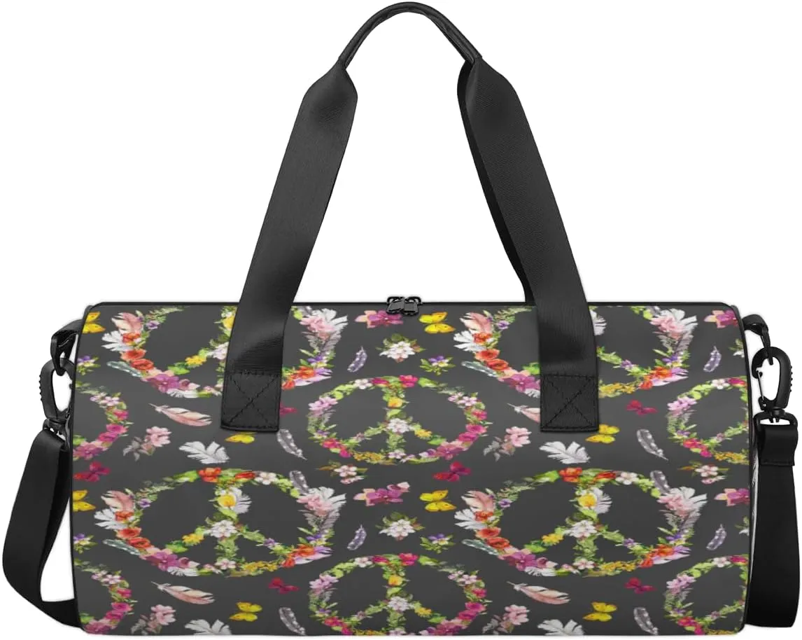 Peace Sign Flower Butterfly Feathers Sports Duffel Bag, Gym Tote Bag Waterproof Weekender Travel Bag for Overnight Travel Luggage Workout Women Men