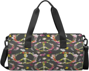Peace Sign Flower Butterfly Feathers Sports Duffel Bag, Gym Tote Bag Waterproof Weekender Travel Bag for Overnight Travel Luggage Workout Women Men