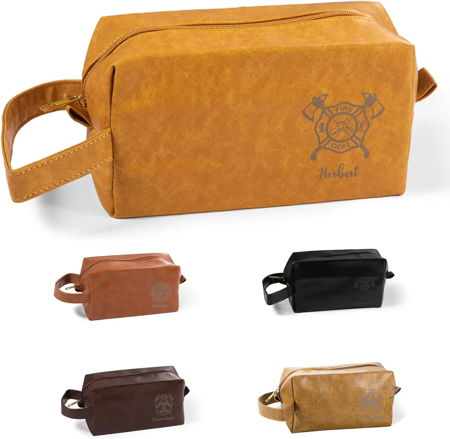 Personalized Firefighter Toiletry Bag - Leather Travel Toiletry Bag with Handle, Firefighter Gifts for Men