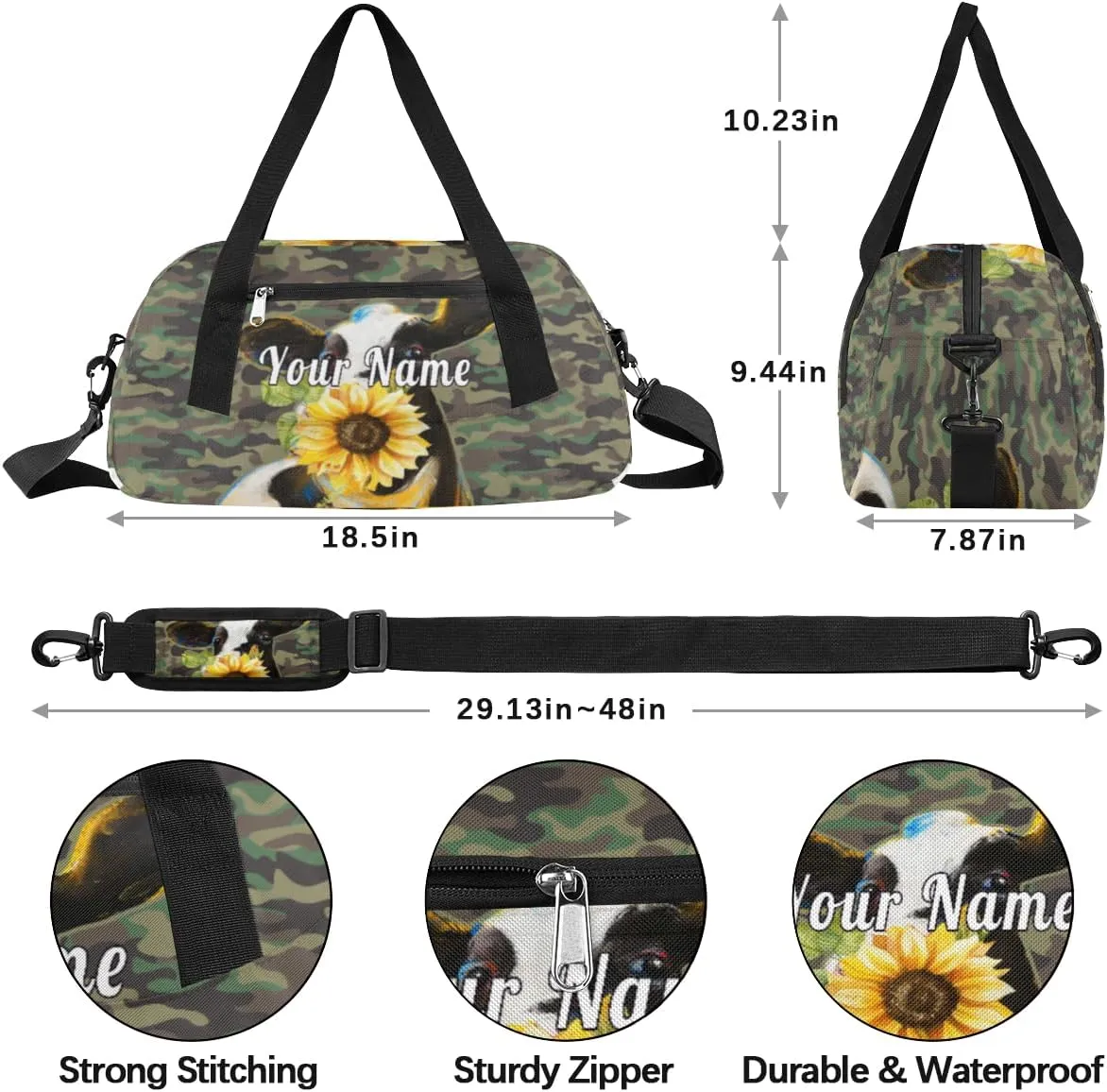 Personalized Kids Duffel Bag Camouflage Cow Sunflower,Custom Sport Gym Bag for Boys Girls,WWeekender Overnight Bags Travel Duffel Bag,Customized Kids Gift