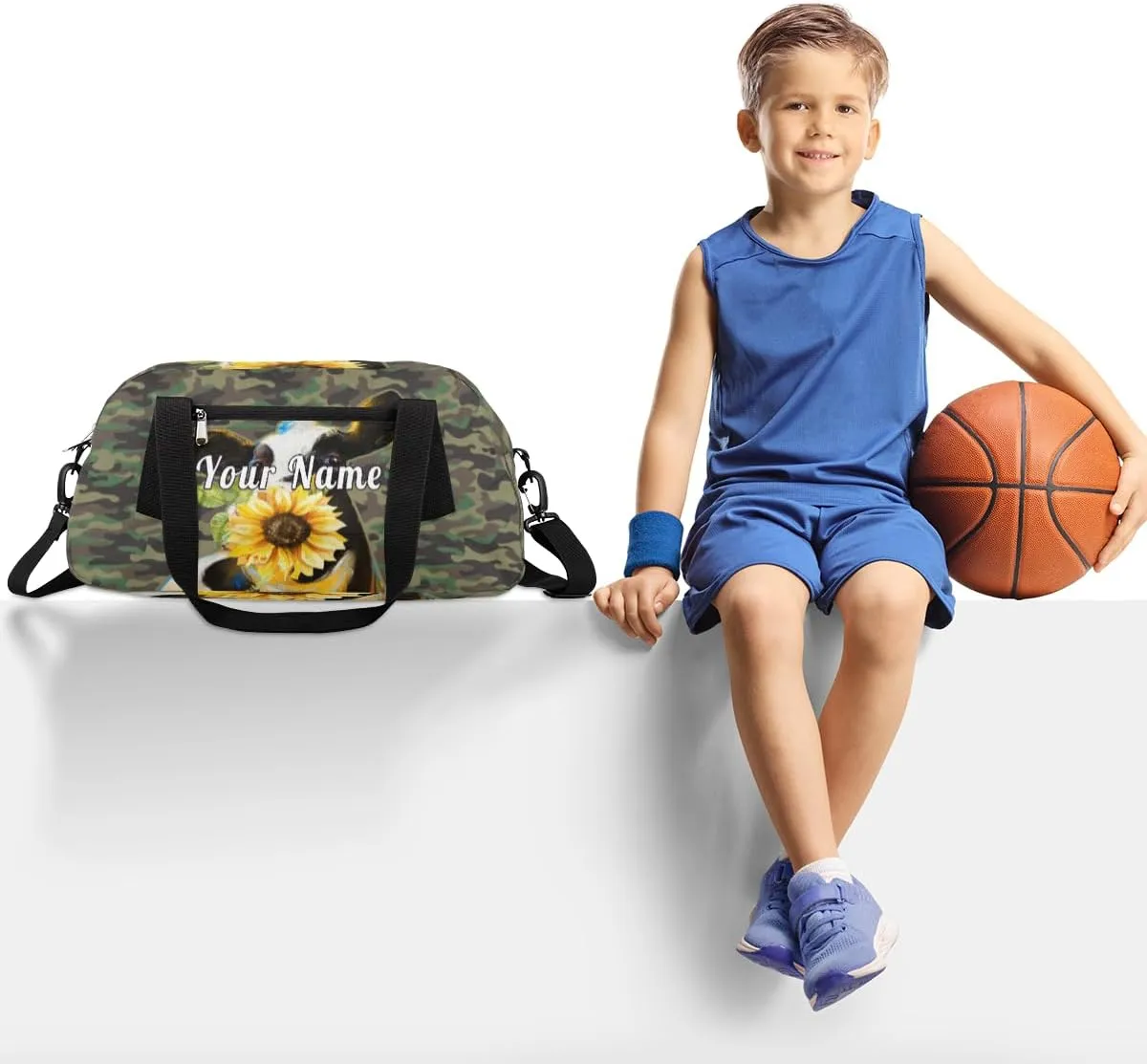 Personalized Kids Duffel Bag Camouflage Cow Sunflower,Custom Sport Gym Bag for Boys Girls,WWeekender Overnight Bags Travel Duffel Bag,Customized Kids Gift