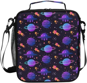 Pfrewn Rockets Planets Lunch Box for Kids Stars Spaceship Comets Ufos Insulated Lunch Bag Reusable Cooler Meal Prep Bags Lunch Tote with Shoulder Strap for Boys Girls School Office Adult