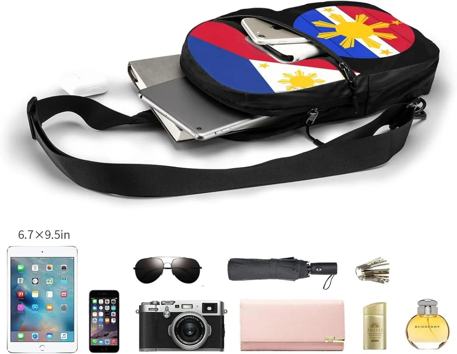 Philippines Sun and Stars Flag Packable Crossbody Bag Portable Sling Bags Foldable Travel Daypack Reusable Sports Shoulder Backpack Diagonally Chest Bag for Workout