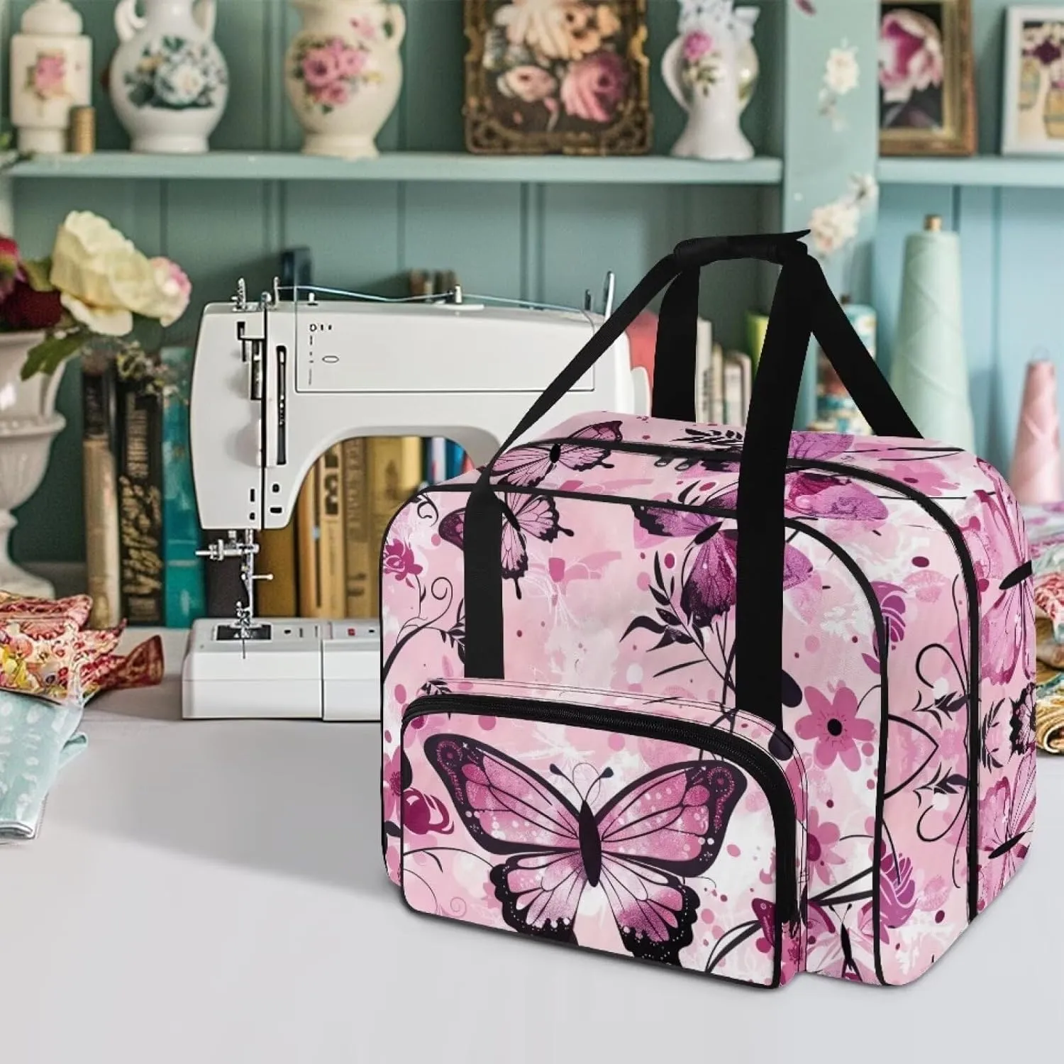 Pink Butterfly Cover for Sewing Machine Flower Sewing Machine Cover Dust Cover Large Sewing Machine Cover Sewing Bags and Totes Organizer Gifts for Mother Parents Home