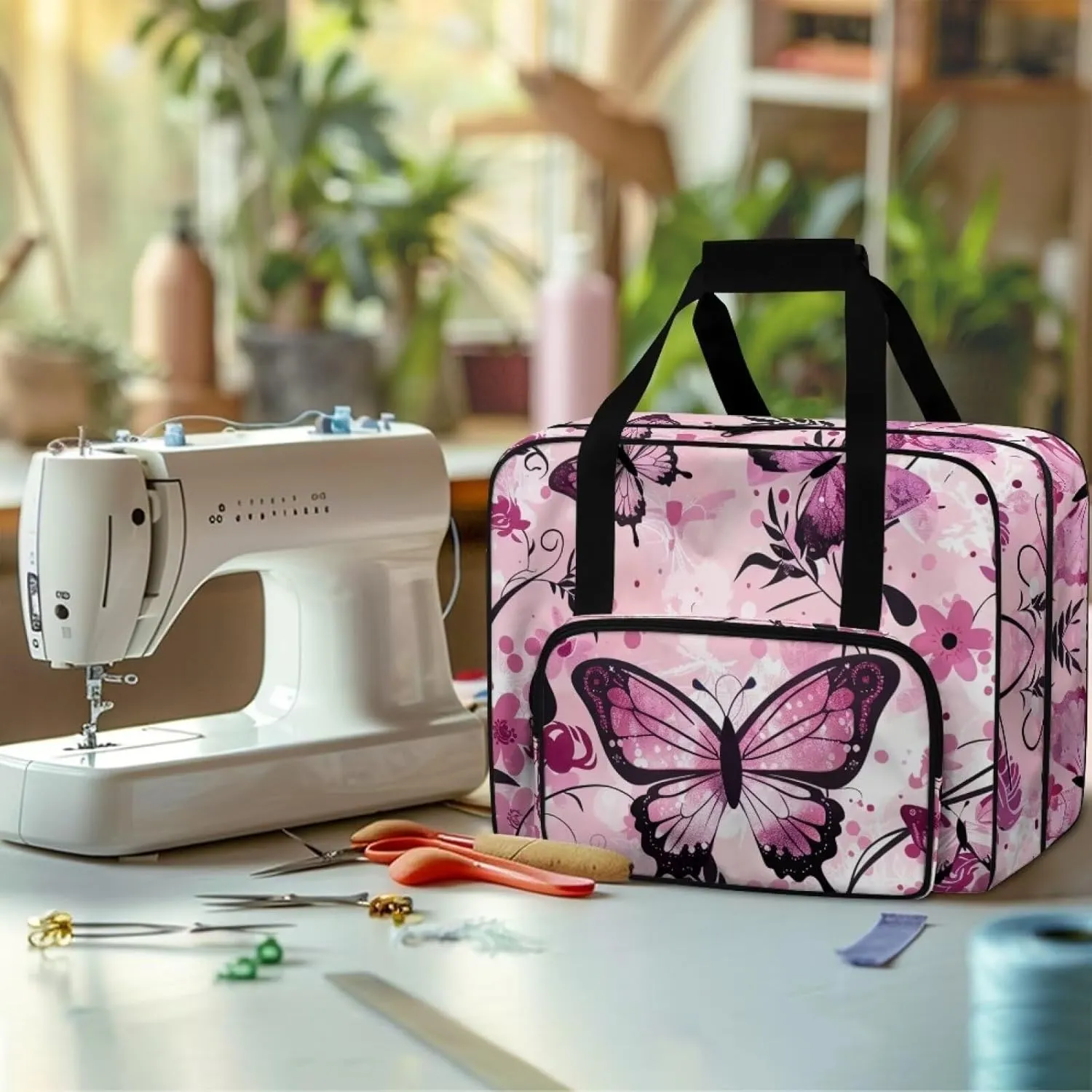 Pink Butterfly Cover for Sewing Machine Flower Sewing Machine Cover Dust Cover Large Sewing Machine Cover Sewing Bags and Totes Organizer Gifts for Mother Parents Home