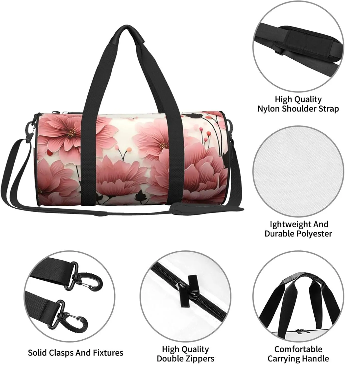 Pink flower pattern Travel Duffle Bag for Men Women Sport Gym Bag Foldable Weekender Bag Carry on Overnight Bag for Travel Swimming Basketball