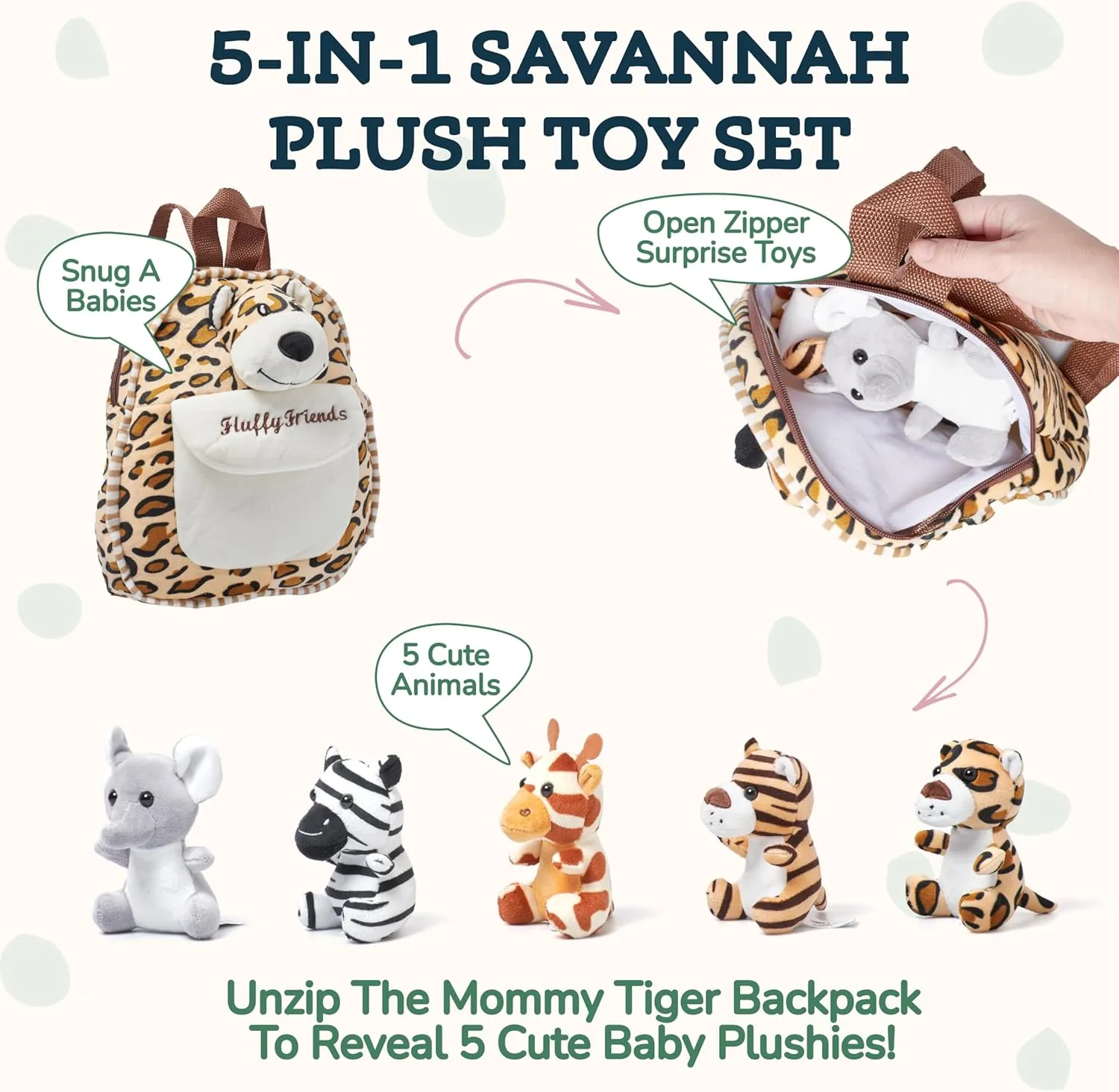 PixieCrush Savannah Plushies in Stuffed Animal Backpack - Plush Mini Backpack for Toddlers Age 2-4 - Multicolor - Soft Textiles - Kids Backpack with 5 Small Animals