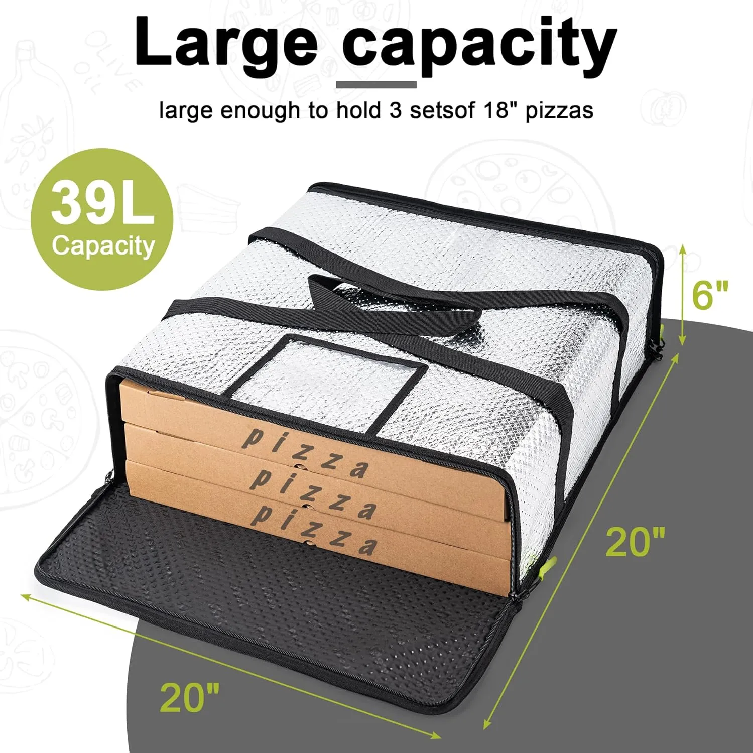 Pizza Bags for Delivery 20" X 20" X 6" - Moisture-Free, Professional Thermal Pizza Warmer, Heavy-Duty Pizza Delivery Bag, Suitable for Restaurants,Picnic Uber Eats & Door Dash（Silver）