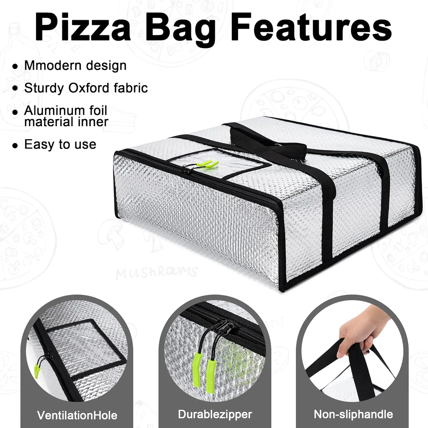 Pizza Bags for Delivery 20" X 20" X 6" - Moisture-Free, Professional Thermal Pizza Warmer, Heavy-Duty Pizza Delivery Bag, Suitable for Restaurants,Picnic Uber Eats & Door Dash（Silver）