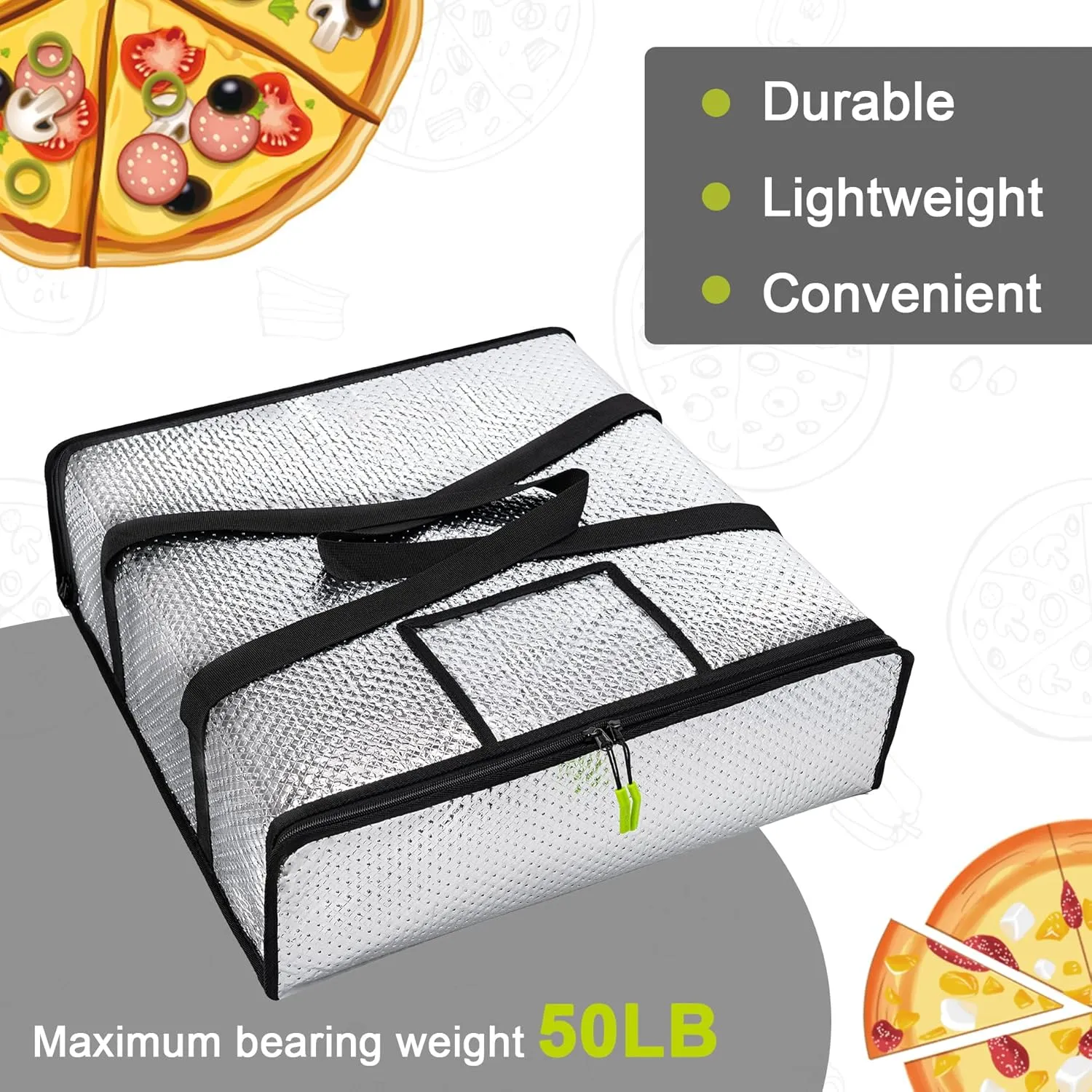 Pizza Bags for Delivery 20" X 20" X 6" - Moisture-Free, Professional Thermal Pizza Warmer, Heavy-Duty Pizza Delivery Bag, Suitable for Restaurants,Picnic Uber Eats & Door Dash（Silver）