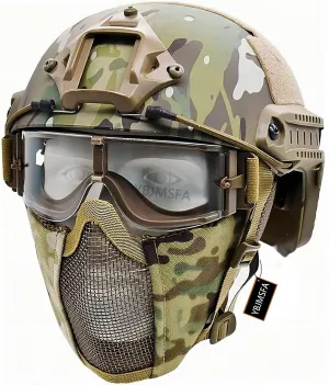 PJ Fast Tactical Helmet Combining Foldable Half Mask and Tactical Gear Tricolor Goggles for Paintball, Role Playing CS Game Set