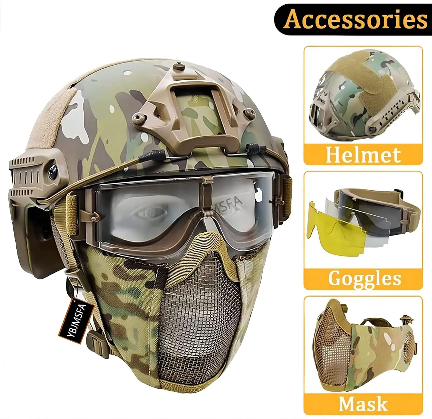 PJ Fast Tactical Helmet Combining Foldable Half Mask and Tactical Gear Tricolor Goggles for Paintball, Role Playing CS Game Set