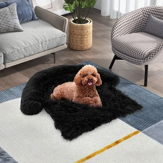 Plush Calming Dog Couch Bed with Anti-Slip Bottom-S - Color: Black - Size: S