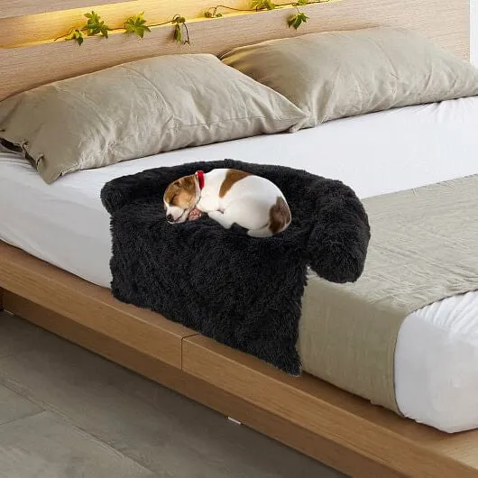 Plush Calming Dog Couch Bed with Anti-Slip Bottom-S - Color: Black - Size: S