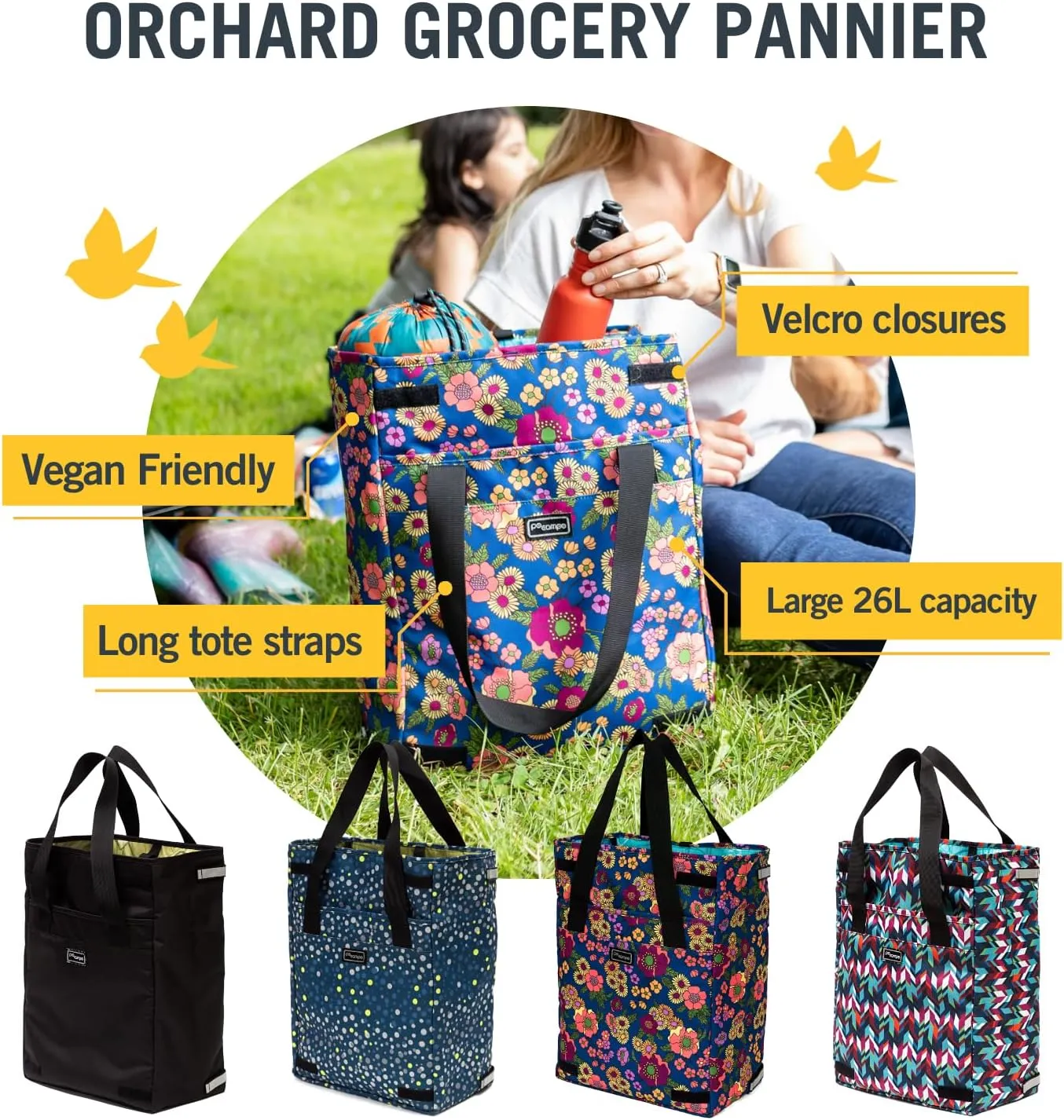 Po Campo Bags Bike Accessories – Orchard Grocery Pannier – Rear Rack Bicycle Storage Bag – Waterproof, Large Bicycle Pannier for Shopping, Urban Commuting, Travel (Meadow)