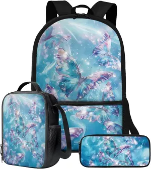 Poceacles Blue Butterfly Print 3 Pieces Backpack Set With Lunch Box Pencil Case Backpack Set for Boys High School Bookbag Heavy Duty Schoolbags Zippered Pencil Pouch With Multi-Slot Students Gifts
