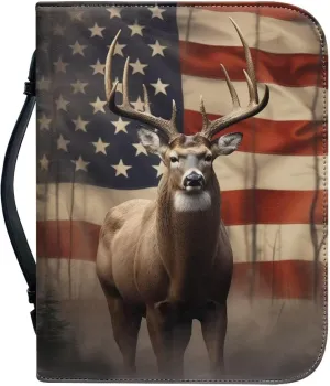 Poceacles Leather Bible Cover for Women Men, American Flag Deer Print Bible Case with Handle Pen Storage and Zippered Pocket, Waterproof Bible Bags and Totes, M
