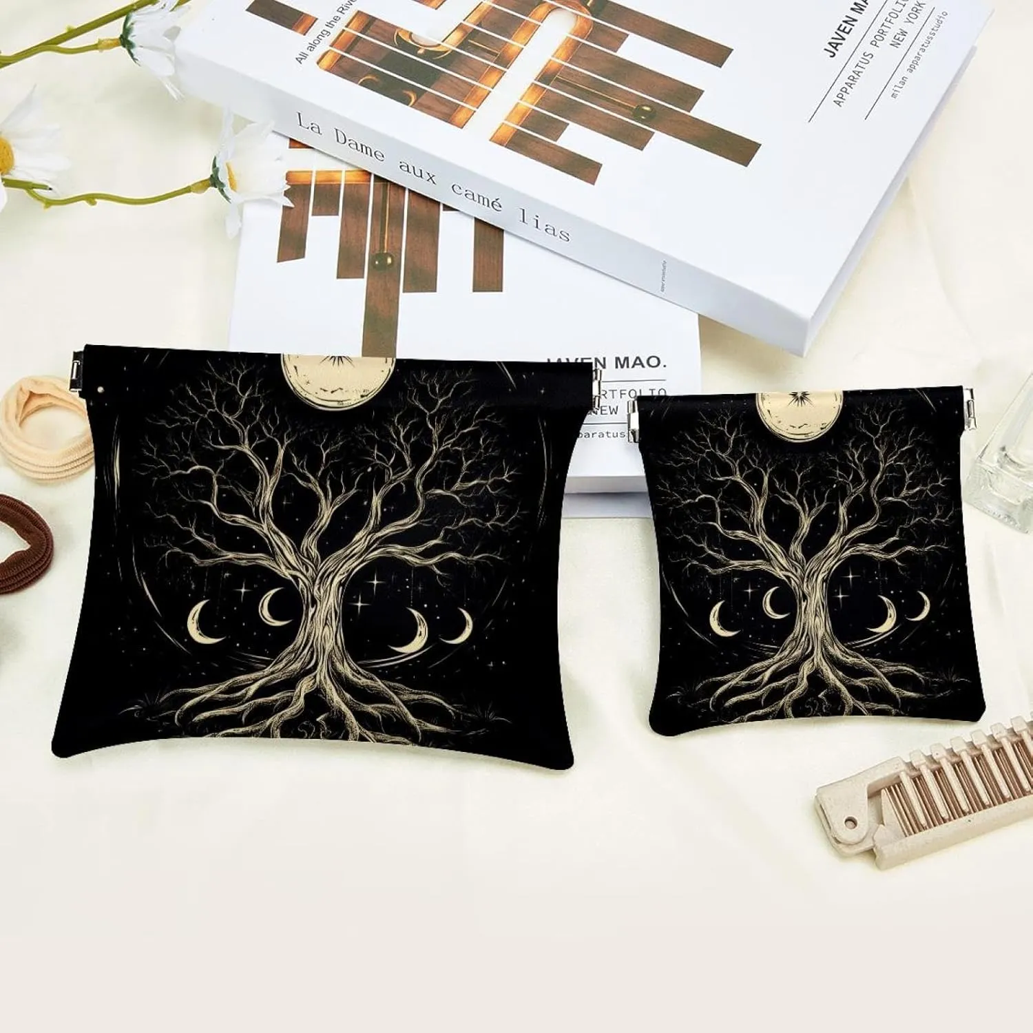 Pocket Cosmetic Bag Squeeze Top, Boho Style Tree of Life with Moon Phase Waterproof Travel Makeup Bag for Purse, Portable Mini Makeup Pouch No Zipper for Women