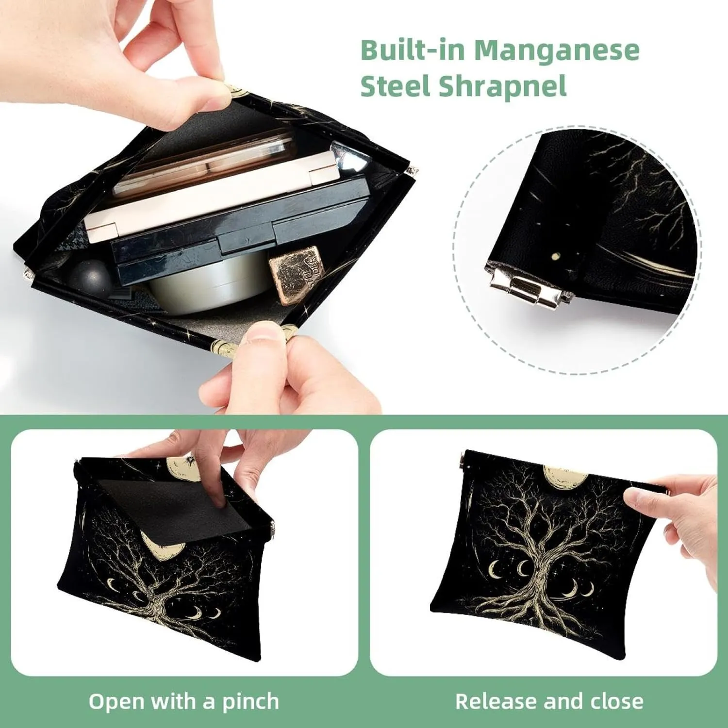 Pocket Cosmetic Bag Squeeze Top, Boho Style Tree of Life with Moon Phase Waterproof Travel Makeup Bag for Purse, Portable Mini Makeup Pouch No Zipper for Women