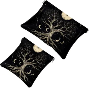 Pocket Cosmetic Bag Squeeze Top, Boho Style Tree of Life with Moon Phase Waterproof Travel Makeup Bag for Purse, Portable Mini Makeup Pouch No Zipper for Women