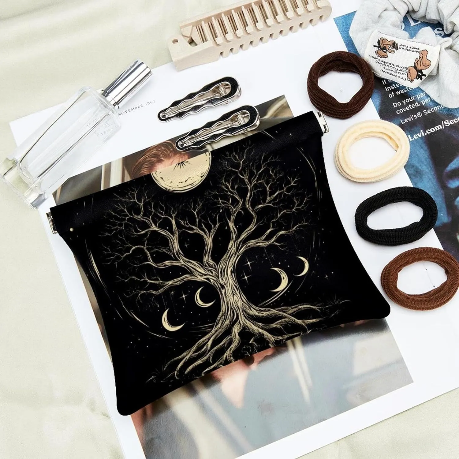 Pocket Cosmetic Bag Squeeze Top, Boho Style Tree of Life with Moon Phase Waterproof Travel Makeup Bag for Purse, Portable Mini Makeup Pouch No Zipper for Women