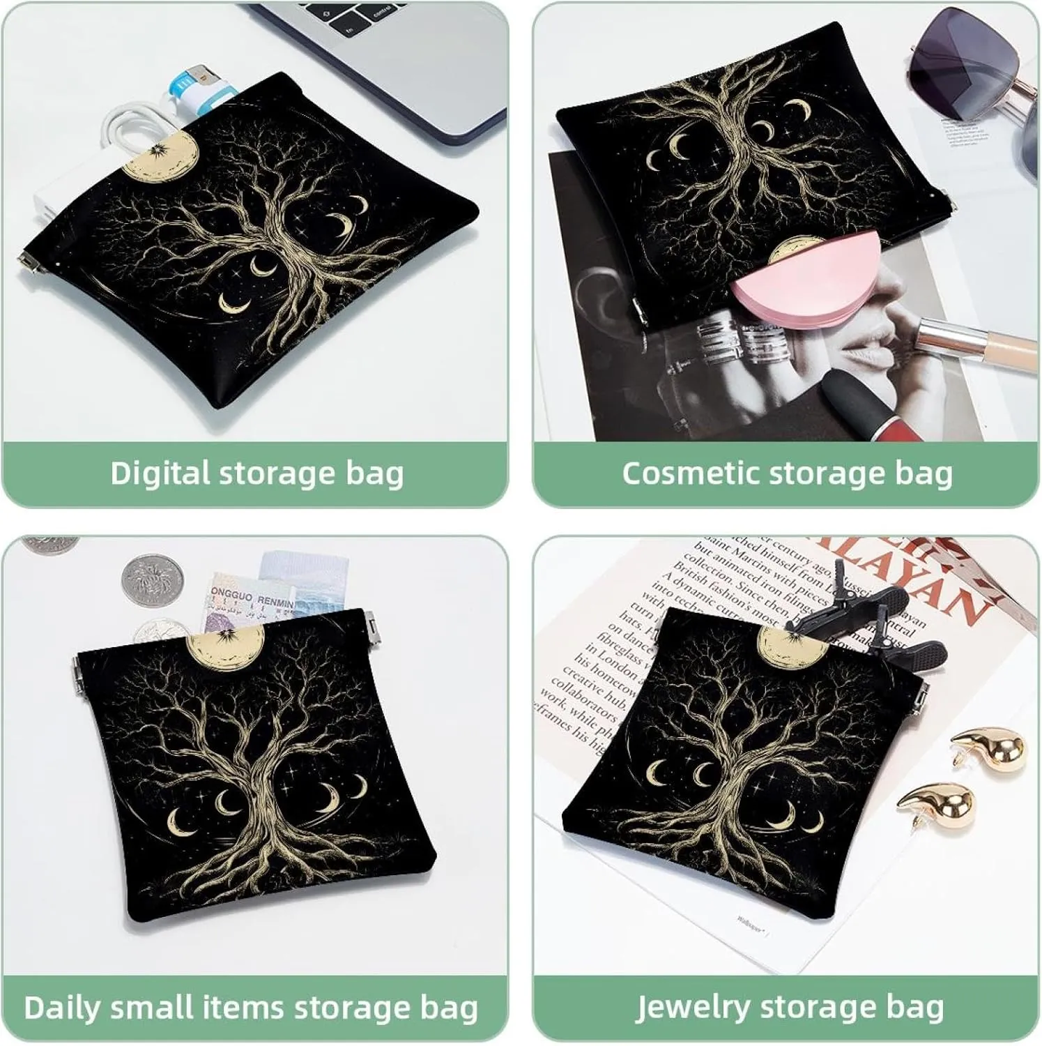 Pocket Cosmetic Bag Squeeze Top, Boho Style Tree of Life with Moon Phase Waterproof Travel Makeup Bag for Purse, Portable Mini Makeup Pouch No Zipper for Women
