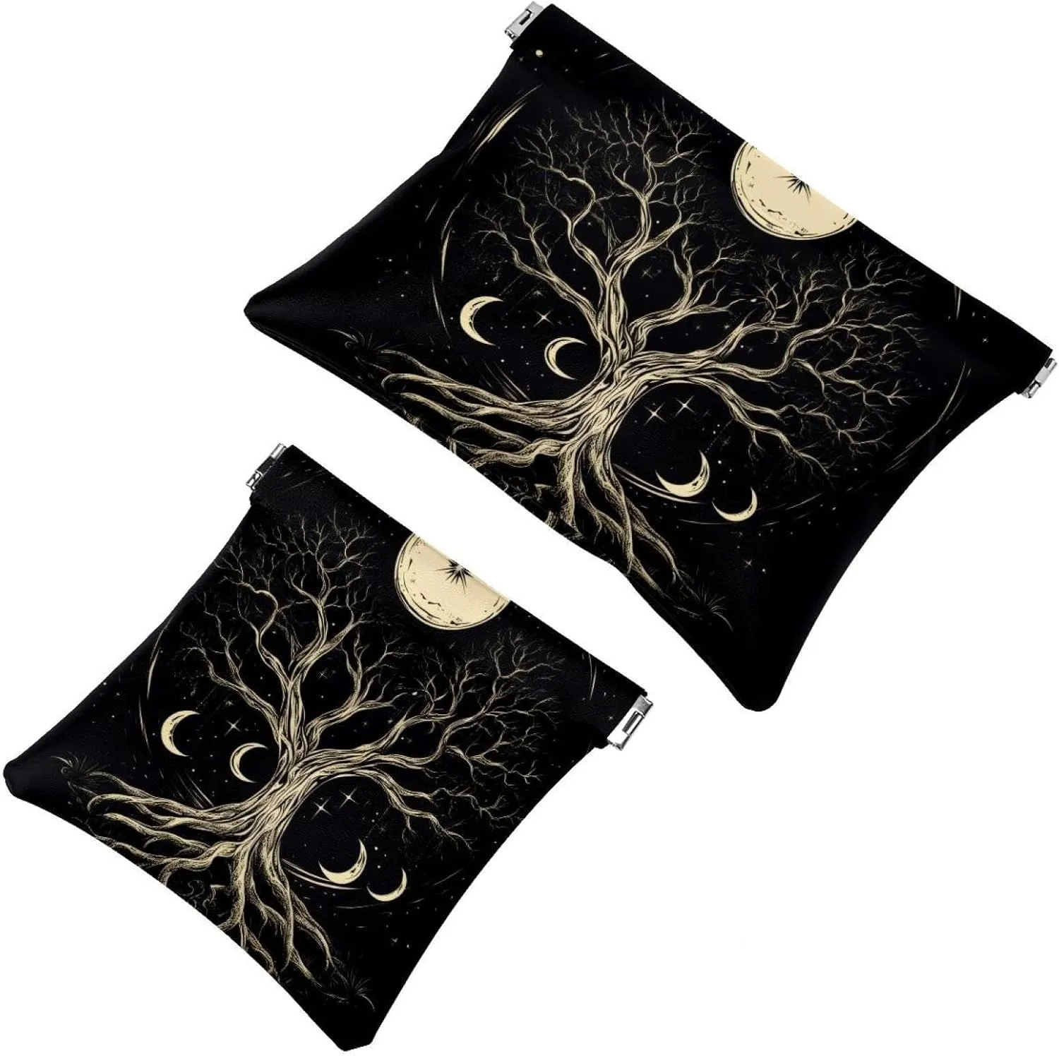 Pocket Cosmetic Bag Squeeze Top, Boho Style Tree of Life with Moon Phase Waterproof Travel Makeup Bag for Purse, Portable Mini Makeup Pouch No Zipper for Women