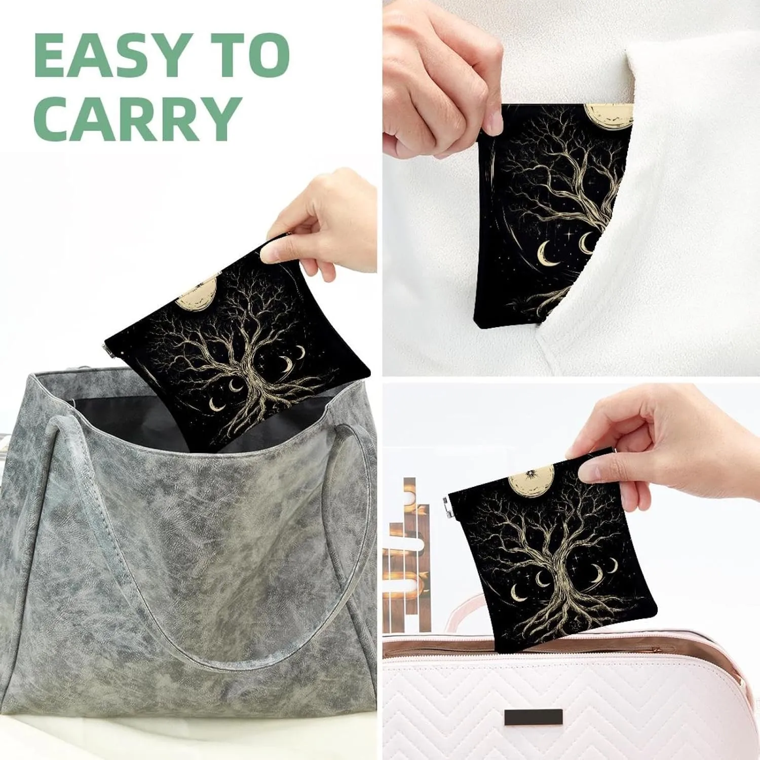 Pocket Cosmetic Bag Squeeze Top, Boho Style Tree of Life with Moon Phase Waterproof Travel Makeup Bag for Purse, Portable Mini Makeup Pouch No Zipper for Women