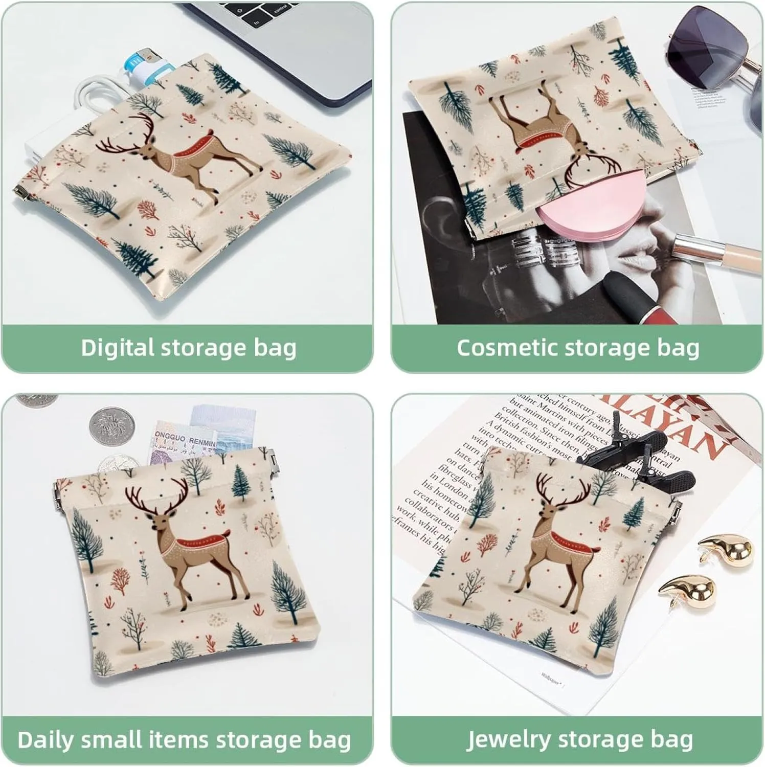 Pocket Cosmetic Bag Squeeze Top, Cute Christmas Elk-73 Waterproof Travel Makeup Bag for Purse, Portable Mini Makeup Pouch No Zipper for Women