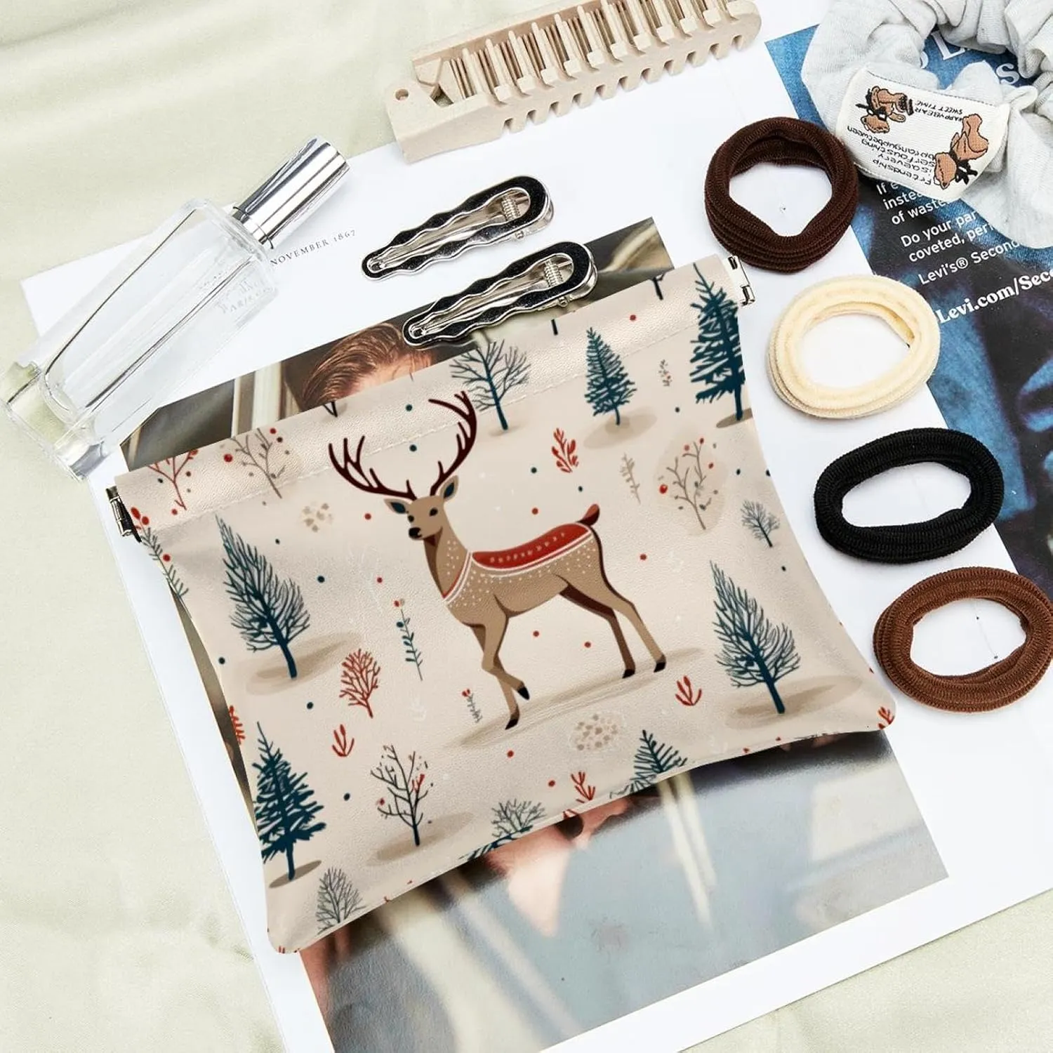 Pocket Cosmetic Bag Squeeze Top, Cute Christmas Elk-73 Waterproof Travel Makeup Bag for Purse, Portable Mini Makeup Pouch No Zipper for Women