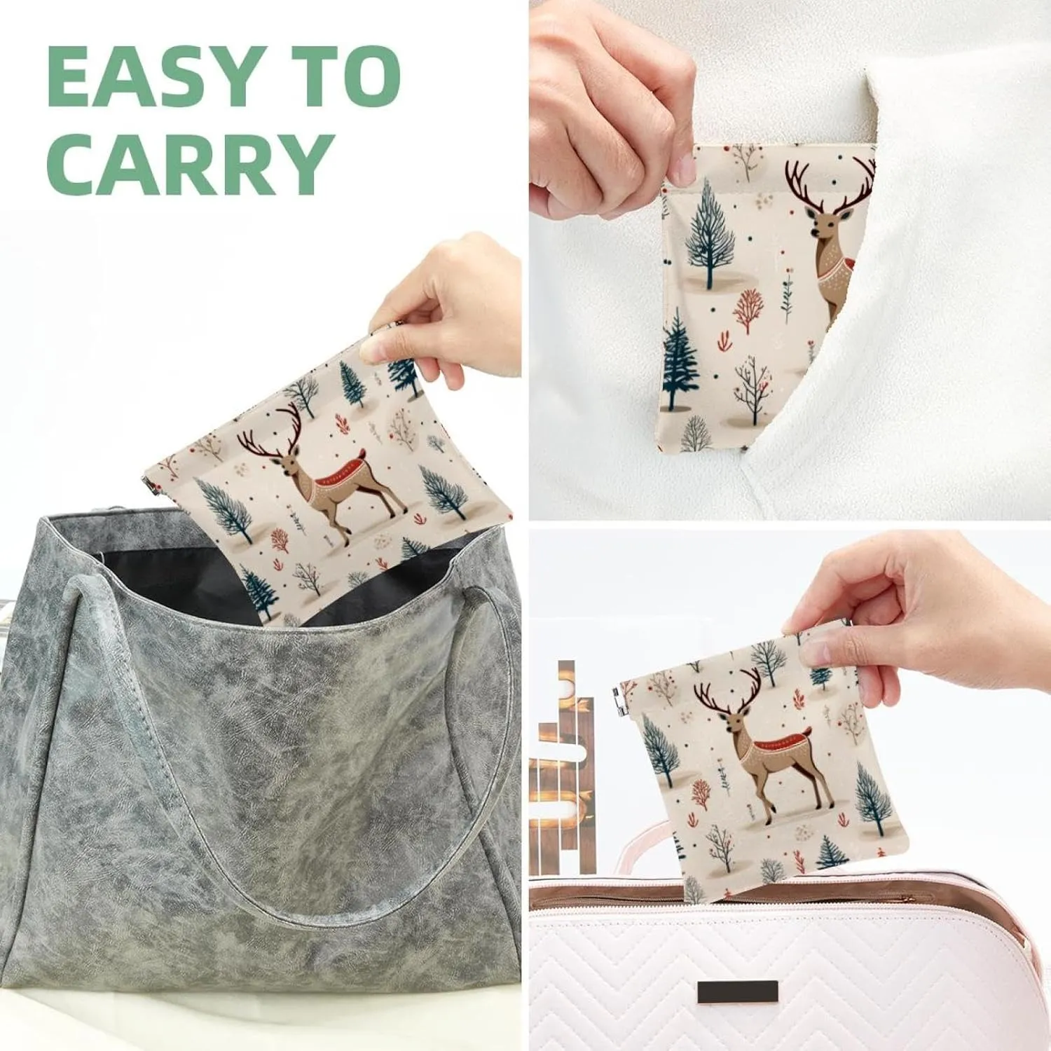 Pocket Cosmetic Bag Squeeze Top, Cute Christmas Elk-73 Waterproof Travel Makeup Bag for Purse, Portable Mini Makeup Pouch No Zipper for Women