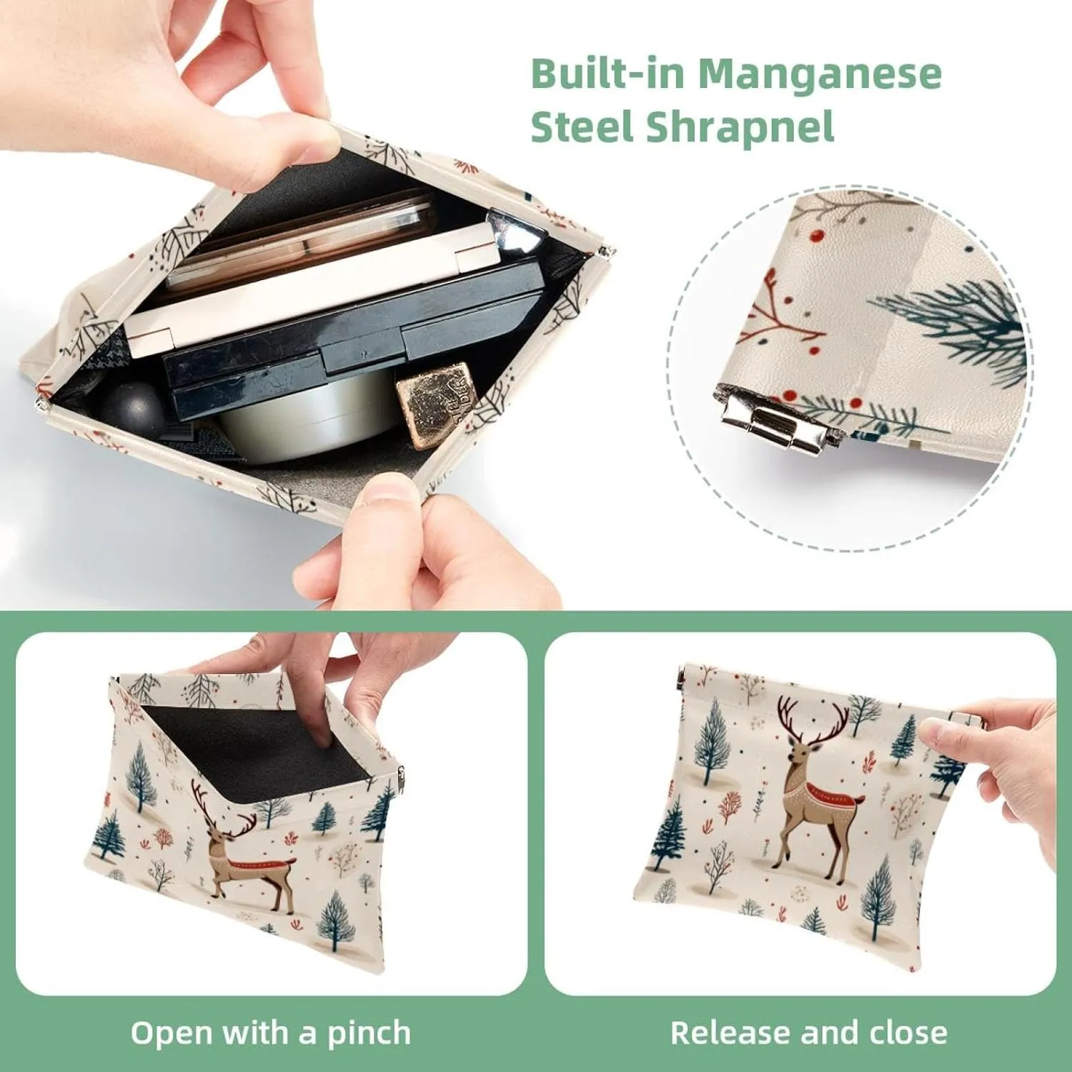 Pocket Cosmetic Bag Squeeze Top, Cute Christmas Elk-73 Waterproof Travel Makeup Bag for Purse, Portable Mini Makeup Pouch No Zipper for Women