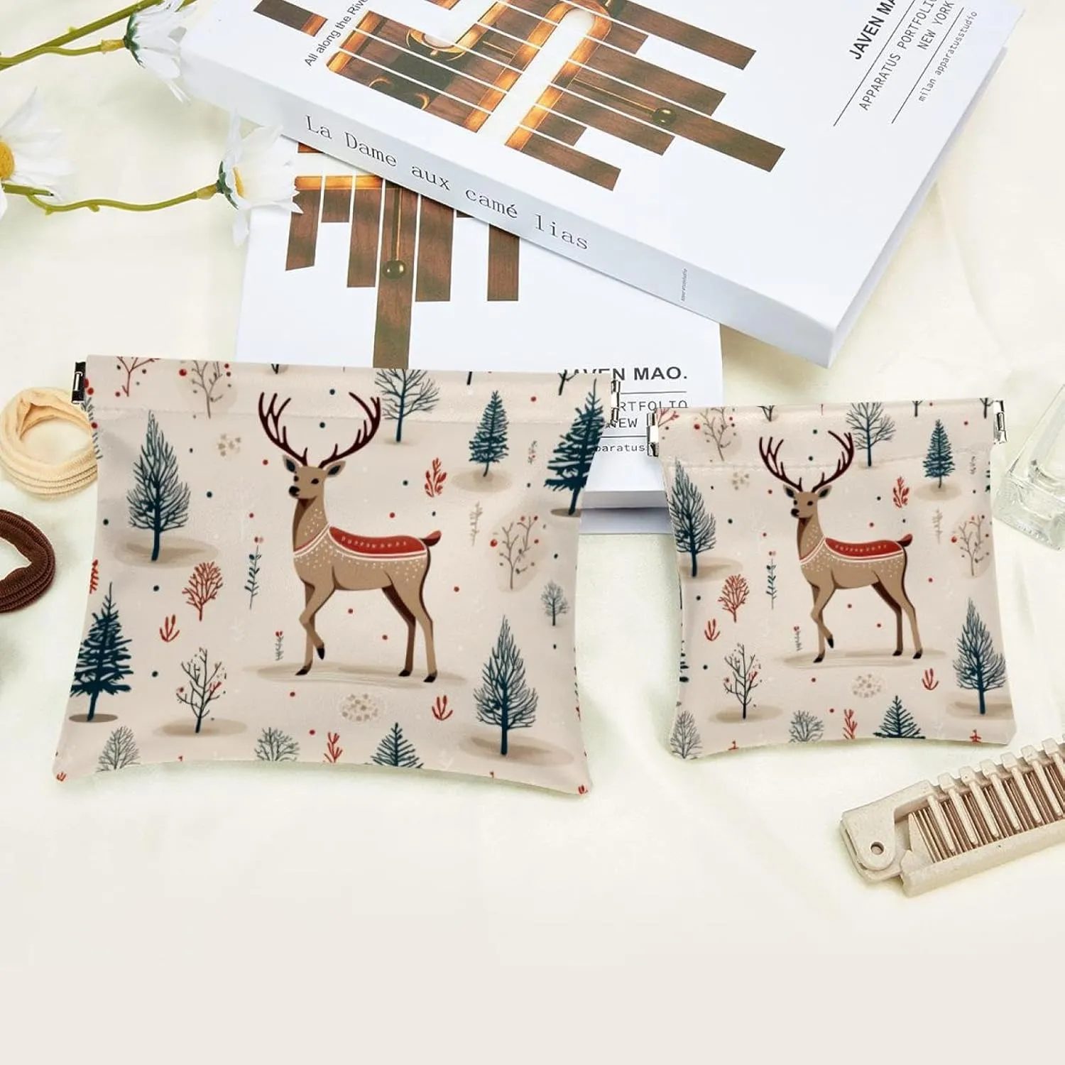 Pocket Cosmetic Bag Squeeze Top, Cute Christmas Elk-73 Waterproof Travel Makeup Bag for Purse, Portable Mini Makeup Pouch No Zipper for Women