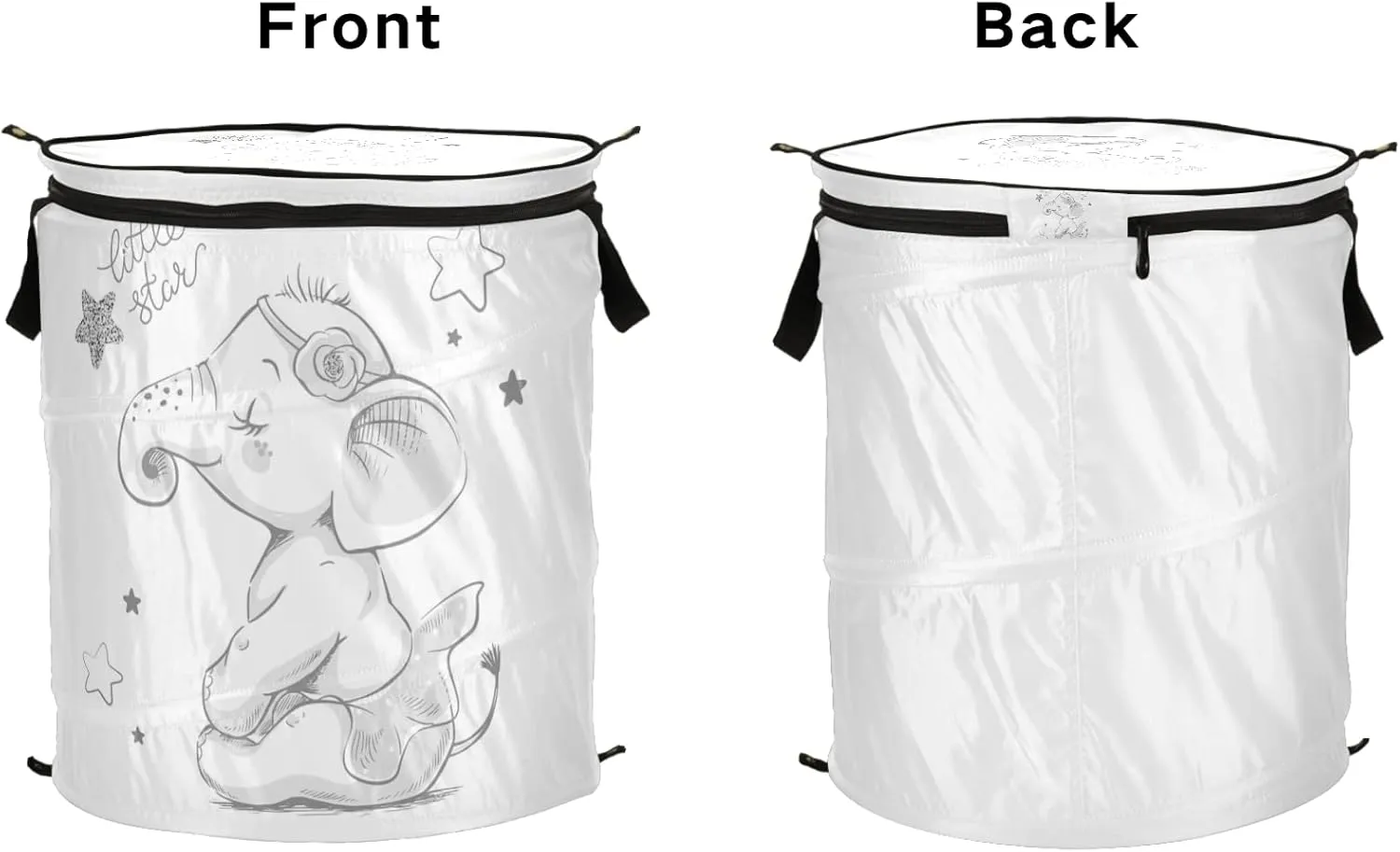 Poeticcity Hand Drawn Cute Cartoon Elephant Ballerina Girl Flower Star Pop Up Laundry Hamper, Collapsible Dirty Clothes Basket with Zipper Lid, Storage Bag Washing Bin for Room College Dorm Travel