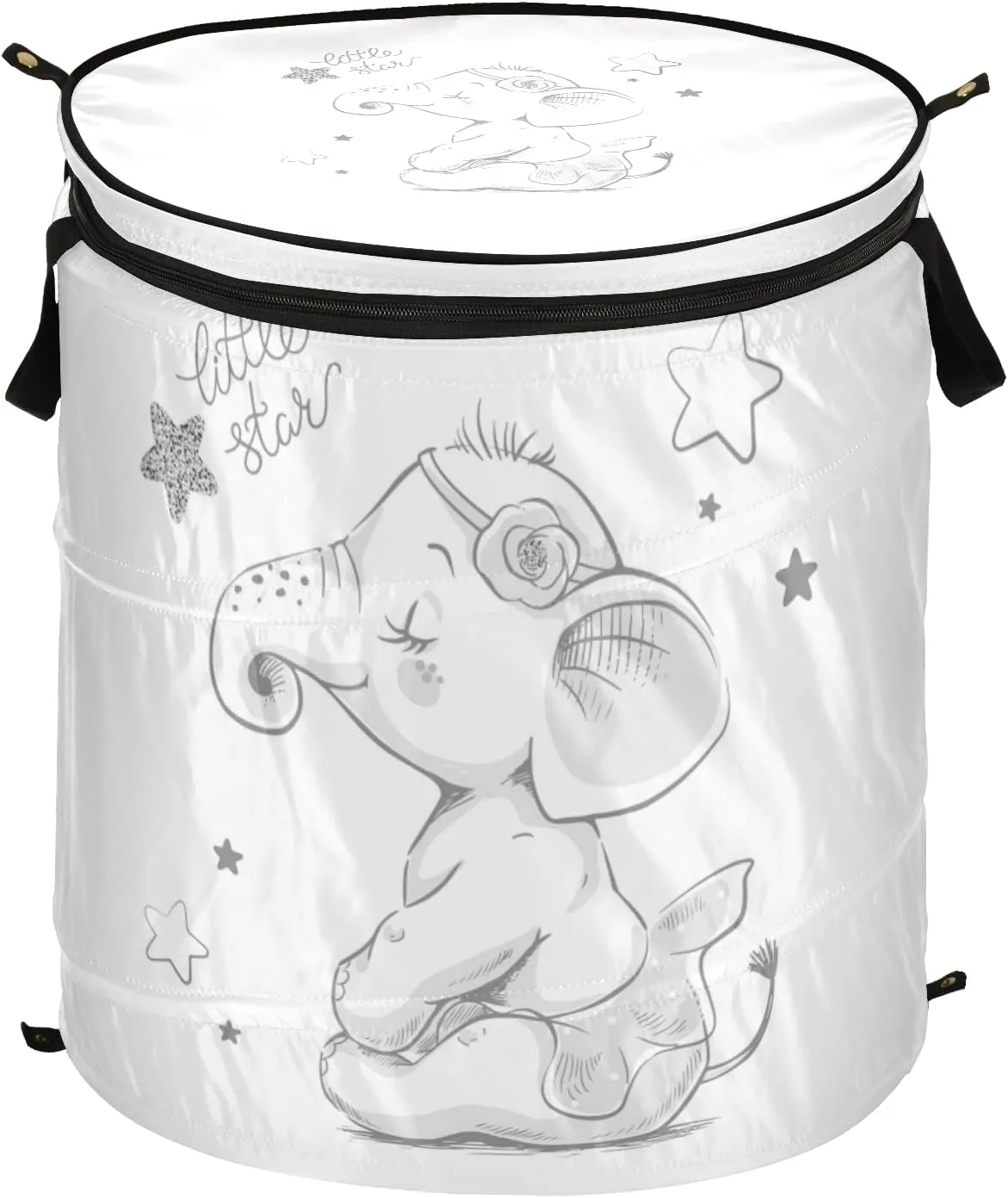 Poeticcity Hand Drawn Cute Cartoon Elephant Ballerina Girl Flower Star Pop Up Laundry Hamper, Collapsible Dirty Clothes Basket with Zipper Lid, Storage Bag Washing Bin for Room College Dorm Travel