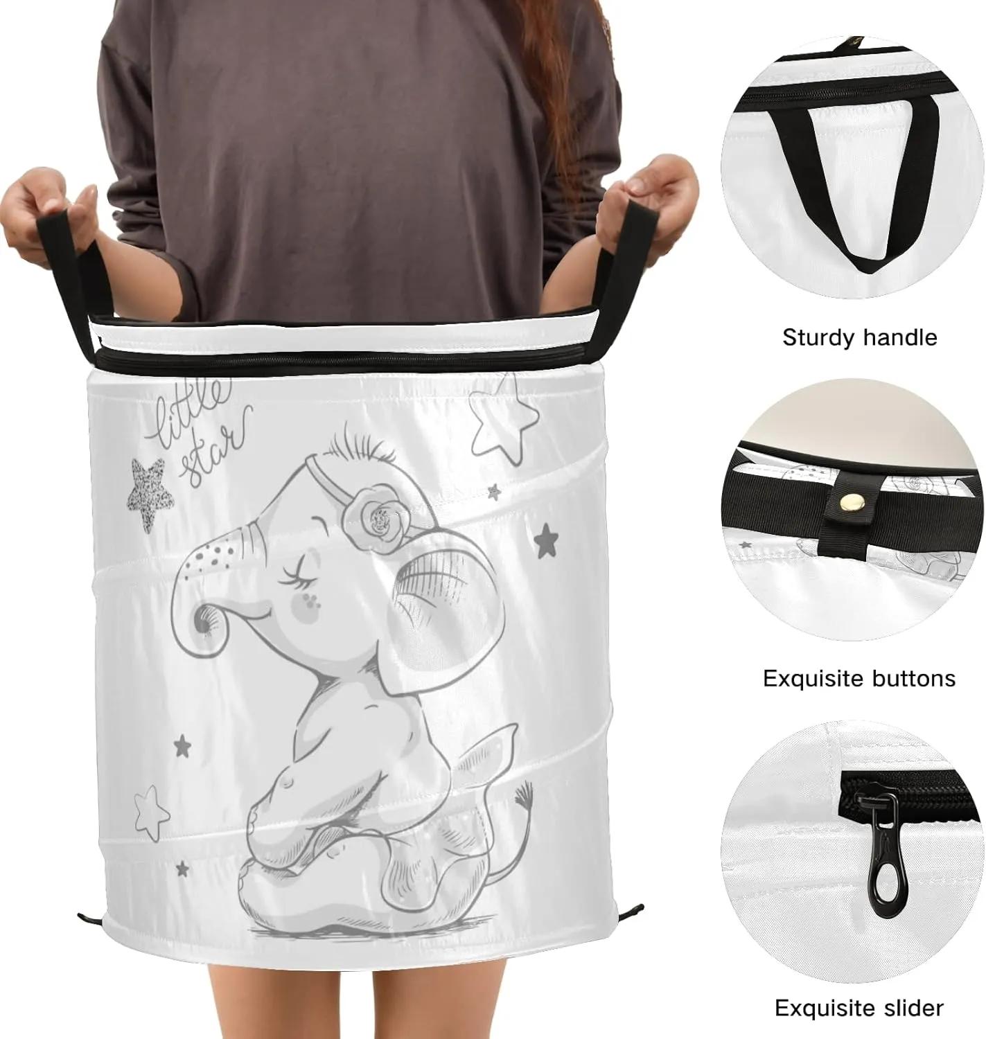 Poeticcity Hand Drawn Cute Cartoon Elephant Ballerina Girl Flower Star Pop Up Laundry Hamper, Collapsible Dirty Clothes Basket with Zipper Lid, Storage Bag Washing Bin for Room College Dorm Travel