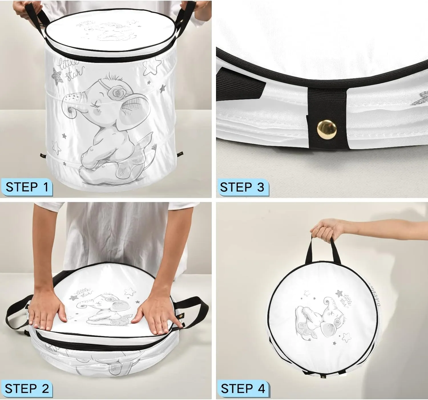 Poeticcity Hand Drawn Cute Cartoon Elephant Ballerina Girl Flower Star Pop Up Laundry Hamper, Collapsible Dirty Clothes Basket with Zipper Lid, Storage Bag Washing Bin for Room College Dorm Travel