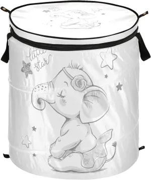 Poeticcity Hand Drawn Cute Cartoon Elephant Ballerina Girl Flower Star Pop Up Laundry Hamper, Collapsible Dirty Clothes Basket with Zipper Lid, Storage Bag Washing Bin for Room College Dorm Travel