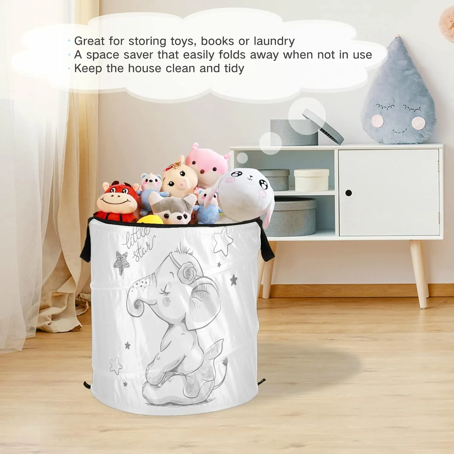 Poeticcity Hand Drawn Cute Cartoon Elephant Ballerina Girl Flower Star Pop Up Laundry Hamper, Collapsible Dirty Clothes Basket with Zipper Lid, Storage Bag Washing Bin for Room College Dorm Travel