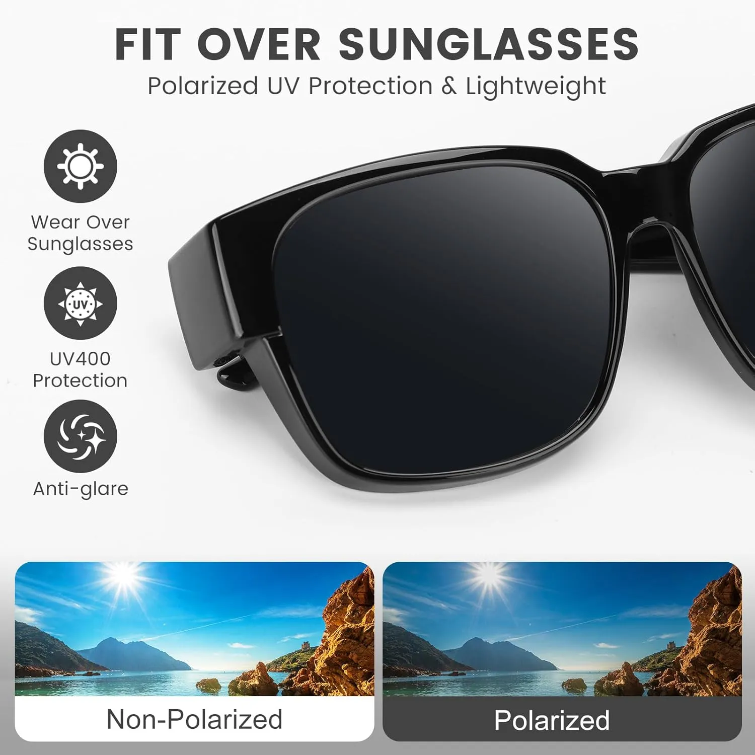 Polarized Sunglasses Fit Over Glasses for Men Women, Oversized Square Sun Glasses, 100% UV400 Protection, Ultra Lightweight