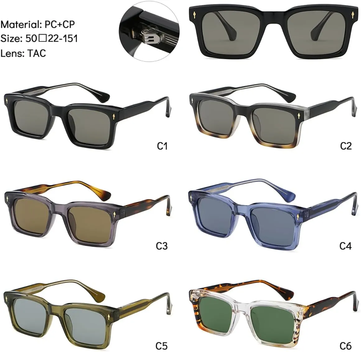 Polarized Sunglasses Men Retro Square Sun Glasses Uv400 Cp Acetate Temple Women Eyewear Unisex
