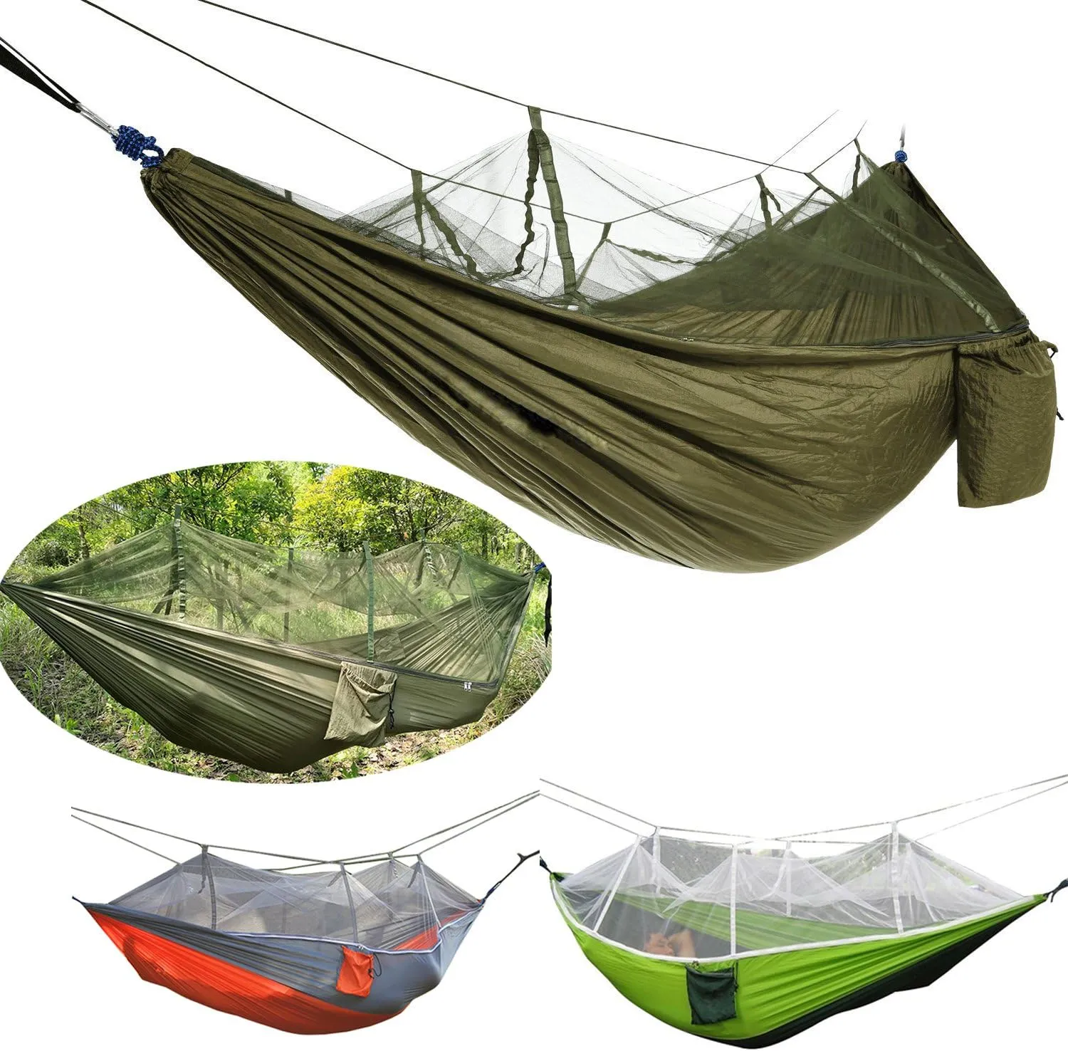 Portable Foldable Double Camping Hammock Mosquito Net Tree Hammocks Tent Travel Hanging Bed,Premium Quality Lightweight 210T Nylon,Capacity up to 441 lbs,with Strong Tree Straps,Hooks,Storage Bag