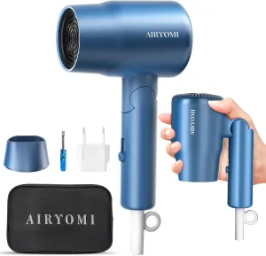 Portable Travel Hair Dryer Dual Voltage, Lightweight Small Blow Dryer with EU Plug, 1875W Compact Hairdryer with Folding Handle, Concentrator Attachment Hair Dryer for Women Men (Blue)