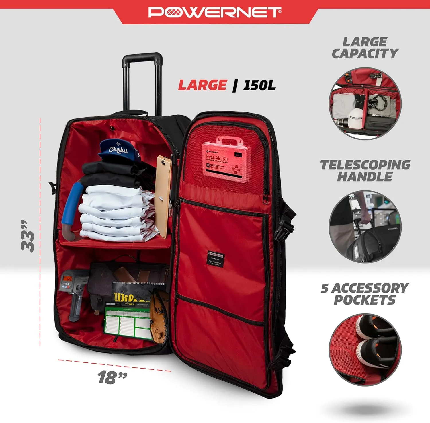 PowerNet Baseball Bag, Travel Bag for Softball Baseball Accessories & Baseball Gear, Fits Baseball Glove, Bat, Helmet, Batting Gloves & Catchers Gear